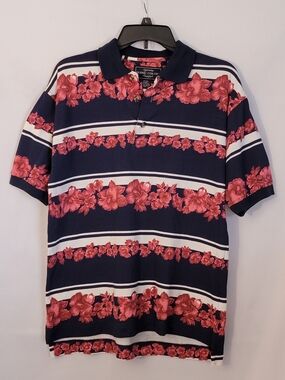 Hobie Colors Comfort Navy Polo with Red Floral Stripe Size S